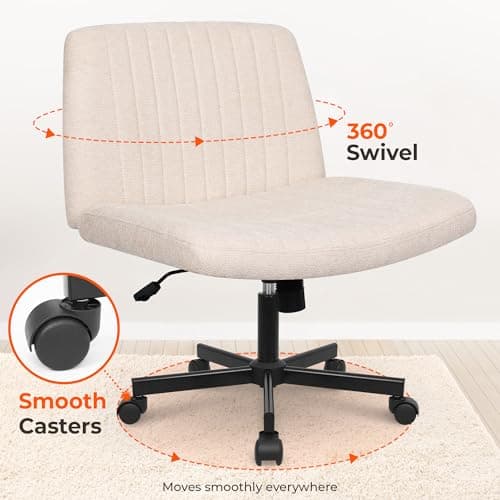 NEO CHAIR Criss Cross Chair with Wheels Home Office Cross Legged Armless Chairs Ergonomic Adjustable Computer Desk Task Wide Seat for Bedroom Vanity Comfy Swivel (Beige)
