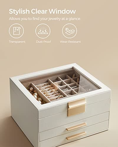 SONGMICS Jewelry Box Organizer with Glass Lid, 3-Layer Jewelry Storage, with 2 Drawers, Modern Style, Christmas Gift, 8 x 9.1 x 5.3 Inches, Cloud White and Gold Color UJBC239WT