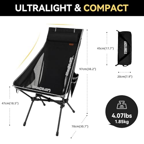 TOBTOS Portable High Back Camping Chair, Support 440 lbs, Ultralight Folding Chair with Head Support, Compact Backpacking Chair for Outdoor Camp Backpacking Fishing (Black)