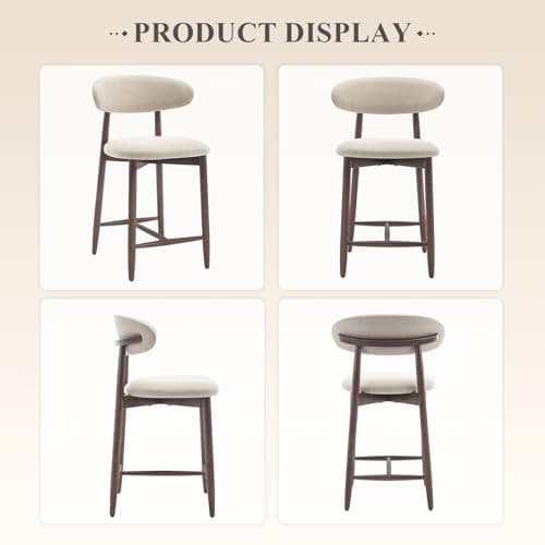 COLAMY Counter Height Bar Stools Set of 2, Kitchen Bar Stools with Back, Mid Century Modern Upholstered, with Wood Legs for Kitchen Island Dining Room, Beige