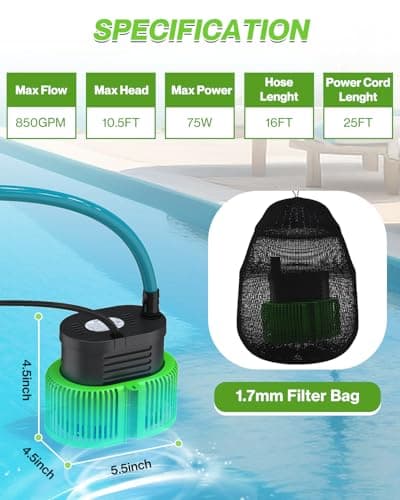 Pool Cover Pump above Ground - Submersible Water Sump Pump Swimming Water Removal Pumps, with Drainage Hose & 25 Feet Extra Long Power Cord, 850 GPH inGround, 3 Adapters