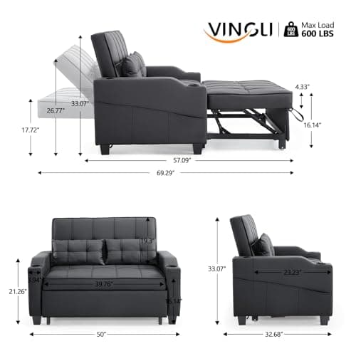 VINGLI Convertible Loveseat Sleeper, Black Faux Leather Futon Sofa Bed Pullout Couch Bed with USB Ports, Cup Holders, Armrest for Living Room, Bedroom, Home Office Apartment