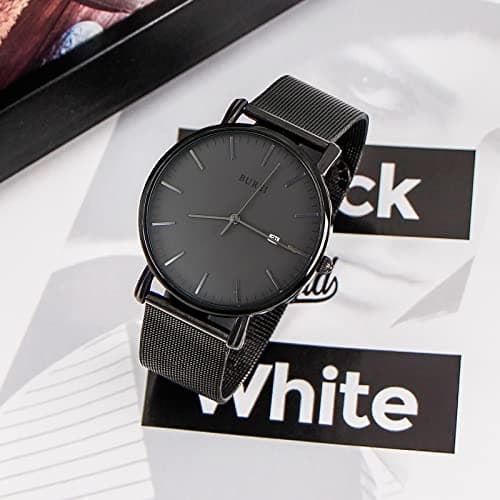 BUREI Men Watches Brown Leather Fashion Minimalist Wrist Watch Simple Ultra Thin Waterproof Quartz Watches All Black Stainless Steel Mesh Band,Gift for Men Women