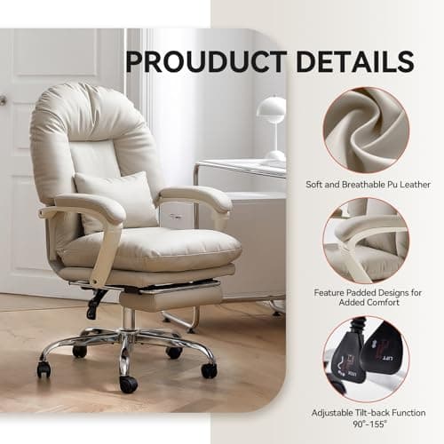 EMIAH Ergonomic Office Chair with Foot Rest Criss Cross Chair with Wheels Reclining Executive Office Chair Mid Back PU Leather Swivel Computer Chairs Lumbar Support for Home Office (Beige)