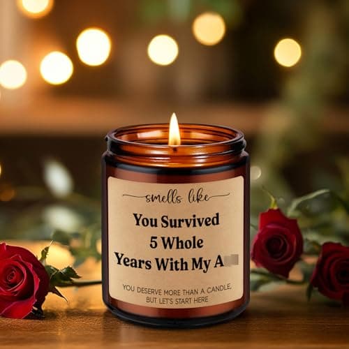 LEADO 5th Wedding Anniversary Candle - 5 Year Marriage Wood Themed Gifts for Husband Wife, 5 Year Anniversary Candle Gifts for Him Her - 5th Anniv. Funny Present for Couple, Women, Men, BF, GF