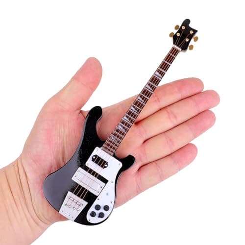 Dselvgvu Wooden Miniature Electric Bass Guitar with Stand and Case Mini Musical Instrument Electric Bass Guitar Replica Collectible Figurines Model Home Decoration Birthday Gifts (7.87"x2.36"x0.35")