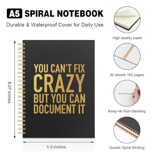 You Can't Fix Crazy But You Can Document It Black Golden Horizontal Lined Spiral Notebook, Funny Spiral Notebook Gifts for Coworker Friend Office Worker Boss Leader, Humor Office Journal B0GJ67JFPN