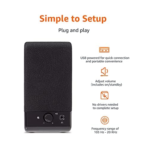 Amazon Basics USB-Powered Computer Speakers with Volume Control for Desktop or Laptop PC, Compact Size, Headphone Jack, Portable, Plug-N-Play, Black