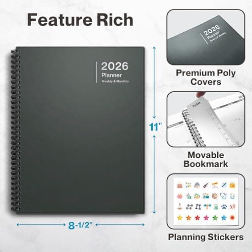 Dunwell 2026 Planner Book 8.5x11, Weekly Monthly Calendar, Jan to Dec, Large Daily Organizer with Laminated Tabs, Bookmark, Notes Section & Stickers