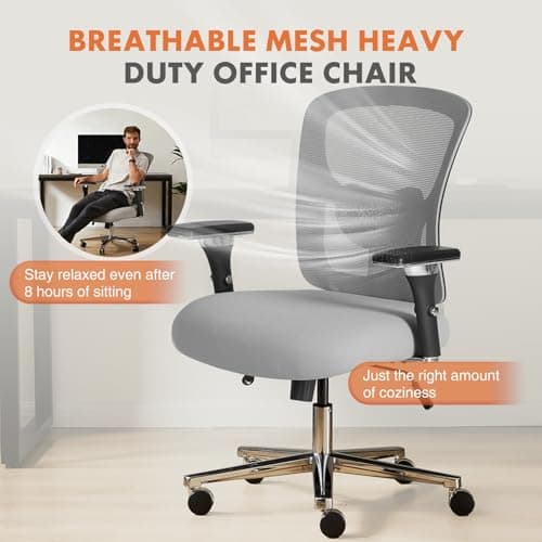 Sweetcrispy Big and Tall Office Desk Chair with Lumbar Support, 500lbs Heavy Duty Mesh Ergonomic Computer Chair with 4D Armrest and Wide Comfy Seat, 360° Swivel Wheels for Adult, Grey
