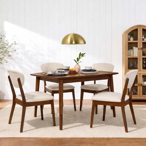 Best Choice Products Wooden Dining Chairs, Wood Mid-Century Modern Upholstered Side Chairs, Farmhouse Cushioned Dining Chairs Set of 4 for Dining Room - Walnut/Cream