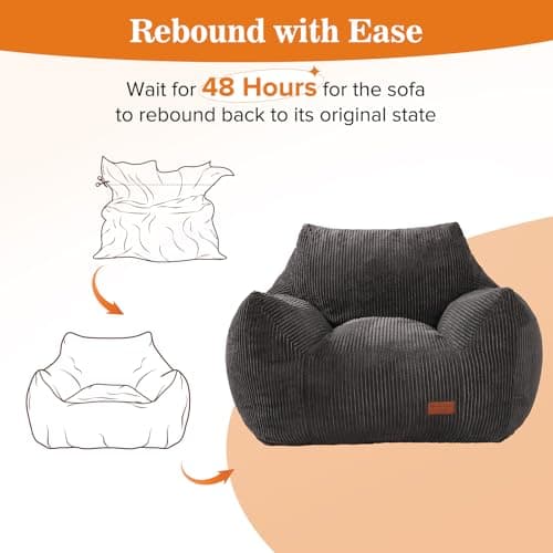 Big Bean Bag Chair for Adults, Ultra Soft Living Room Bean Bag with Armrests, Stuffed BeanBag Chair for Napping, Gaming, Vacuum-Compressed for Easy Gifting, 48 Hours to Fluffs Up, Dark Gray