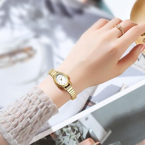 BOFAN Small Gold Watches for Women Easy Read Ladies Quartz Wrist Watch with Stainless Steel Expansion Band,Waterproof.