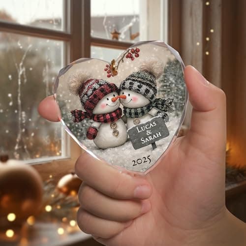 Noni Personalized Couple Heart Glass Ornament, Custom Names Printed and Year 2025, Snowman Couple Art Clear Faceted Tree Keepsake, Gifts for Couples, Gifts for Christmas