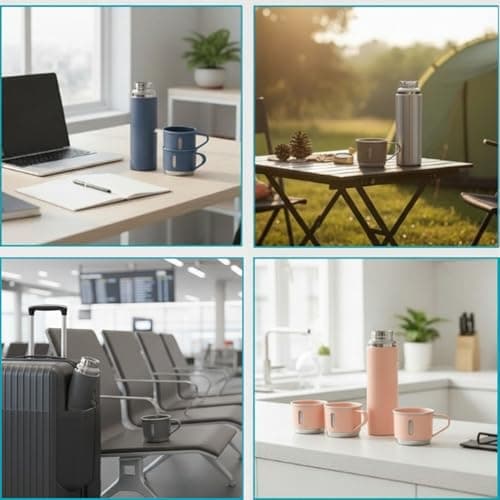 Black Vacuum Flask Gift Set, Stainless Steel Insulated Water Bottle w/ 3 Cups, Hot & Cold Drinks Coffee Thermo Water Bottle, Reusable Thermal Cup for Outdoor Camping Travel, Termos para Agua Fria,17oz