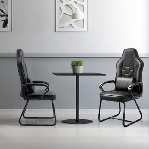 Leather Office Guest Chair No Wheels High Back Computer Reception Chairs with Padded Arms Waist Pillow for Gaming Meeting Conference Waiting Room, Black