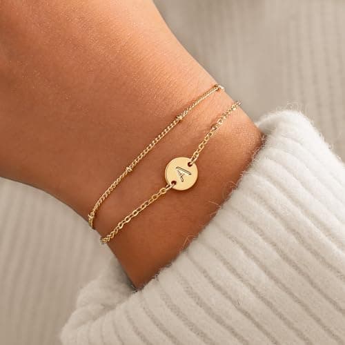 MONOZO Gold Bracelets for Women Christmas Gifts - Dainty 18K Gold Plated Disc Monogram Letter A-Z Initial Bracelets for Women Trendy Personalized Letter Bracelet Birthday Christmas Gifts for Her