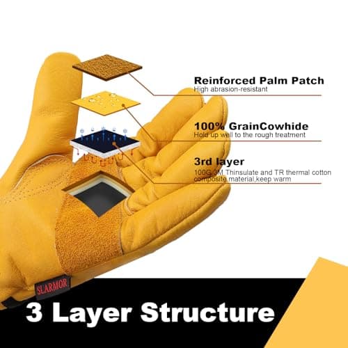 SLARMOR Mens Winter Leather Work Gloves, Warm Thinsulate Lining for Cold Weather Work, Thermal Insulated Work Gloves with Leather Palm,100 gram Insulation-L