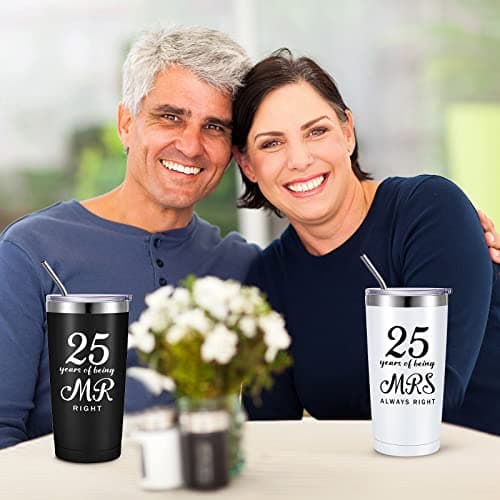 25th Anniversary Cups for Couples Travel Tumbler Wedding Engagement Coffee Mug for Husband Wife Newlywed Bride Groom Cunhill 2 Pcs 25th Wedding Anniversary Tumblers Mr and Mrs Cups Set 20 oz B0B718Y7F6