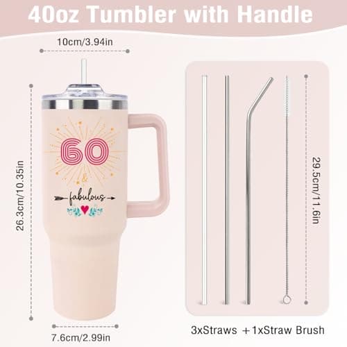 60th Birthday Gifts for Women Her, Cool 1965 60 th Birthday Gifts for Woman Turning 60 Year Old, 60th Birthday Decorations for Women Mom, 60th Birthday Gifts Ideas, 60 and Fabulous 40oz Tumbler Cup