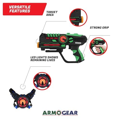 ArmoGear Set of 4 Laser Tag Guns with Vests - Laser Tag Set for Kids and Adults - Toy Guns with 150 ft Range, Night Vision, Invisibility Mode - Battery Operated - Multiplayer Outdoor Game for Ages 8+