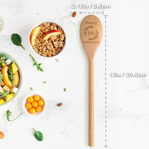 5 Year Anniversary Wood Gifts for Her Him - Happy 5th Wedding Anniversary Spoon Wooden Gifts for Wife Husband Men Couples Marriage, Handmade Engraved Spoon 12×2.2 in