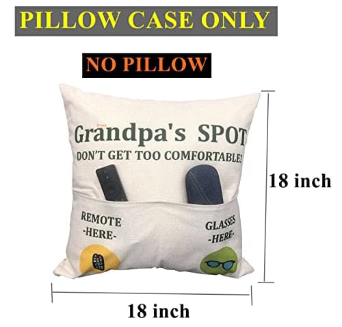 Grandpa Gifts,2-Pocket Grandpa’s Spot Throw Pillow Covers 18x18 Inch + Engraved Spoon, Fathers Day Birthday Christmas Thanksgiving Day Gifts for Papa, Granddad