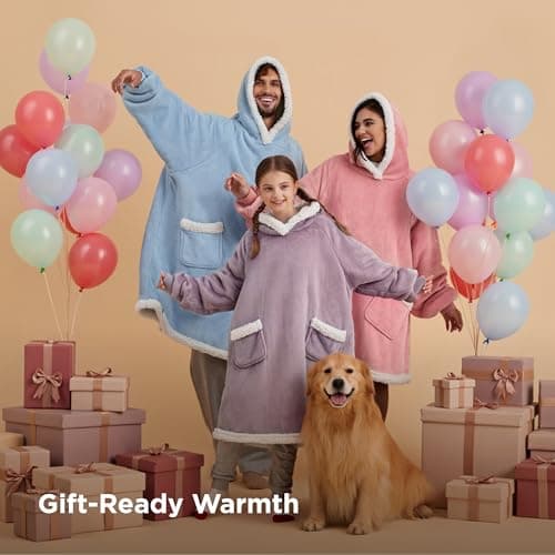 Bedsure Blanket Hoodie, Wearable Blanket for Adults & Kids as Gifts for Women Men, Birthday Gifts for Women Mom Girl Sherpa Oversized Hoodie, Grey, Standard