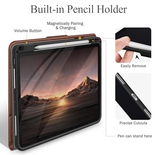 auaua Case for iPad Pro 11 Inch (M5/M4) 2025/2024, with Pencil Holder and Pocket, Multiple Angles Viewing, Magnetic Closure, Auto Sleep/Wake (Brown)
