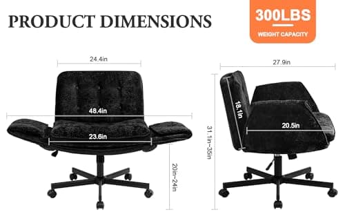Criss Cross Chair with Wheels & Arms, Chenille Cross Legged Office Chair with 5-level Folding Armrest, Comfortable Adjustable Swivel Vanity Chair for Home, Make Up, Bed Room, Office, Accent (Black).