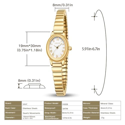 VAVC Small Gold Watches for Women,Analog Womens Watch with Stainless Steel Expansion Band,Oval Case Roman Dial,Water Resistant