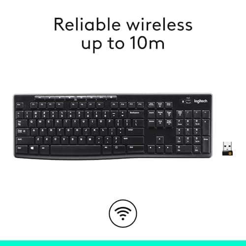 Logitech K270 Wireless Keyboard for Windows, 2.4 GHz Wireless, Full-Size, Number Pad, 8 Multimedia Keys, 2-Year Battery Life, Compatible with PC, Laptop, Black