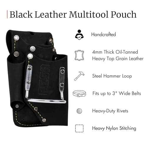 FESA Small Leather Tool Pouch - 5-in-1 Heavy Top Grain Leather Small Tool Pouch with a Steel Hammer Loop, 4 Pockets & Reinforced Heavy Duty Rivets - Fits Belts up to 3" - Handcrafted
