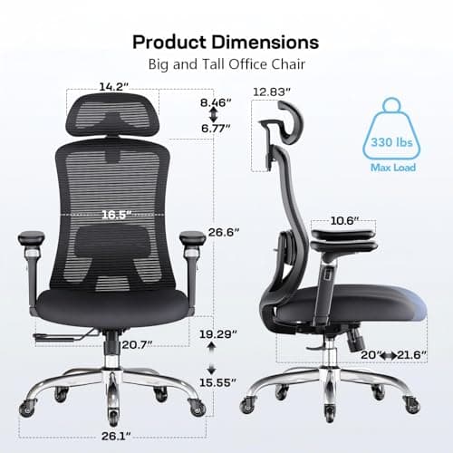 Marsail Ergonomic Office Chair with 6D Armrests, Ergonomic Chair with 3D Adjustable Headrest, Slide Seat, Lumbar Support, and 4-Position Tilt Lock – Big and Tall Office Chair with 330 lbs Capacity