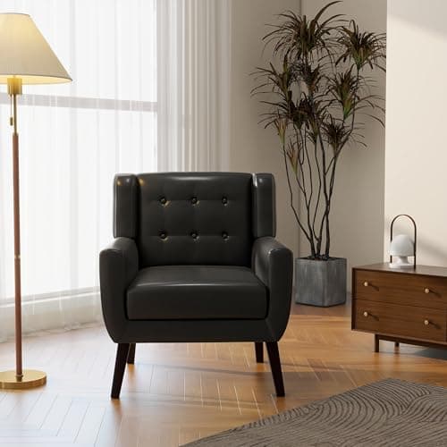 Accent Chair, Mid-Century Modern PU Leather Chairs with Arms for Living Room, Comfy Upholstered Club Single Sofa Armchair for Bedroom Waiting Room with Solid Wood Frame(Leather Black, Set of 2)