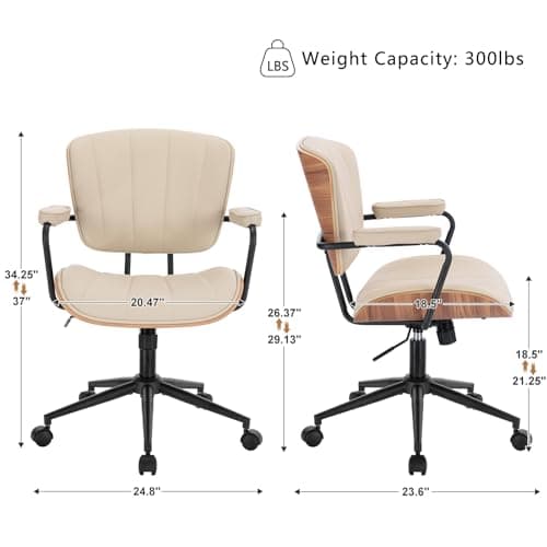 Mid Century Modern Office Chair, Fixed Back Rolling Desk Chair with Armrests and Walnut Back, Adjustable Height for Home Office, Beige