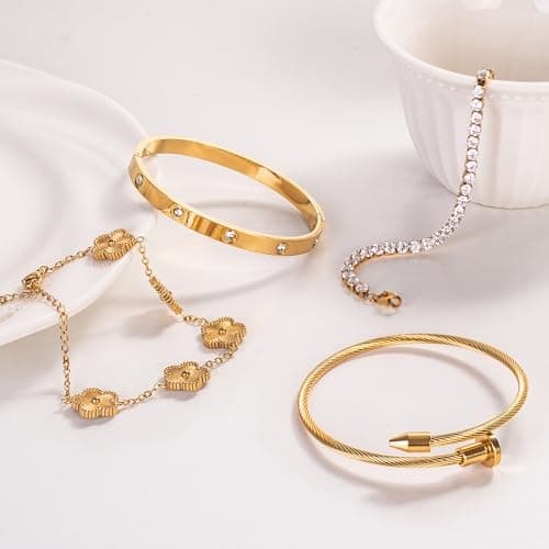 18K Gold Plated Bangle Bracelet Set for Women Stackable Lucky Floral Adjustable Tennis Bracelet Non Tarnish Gift Jewelry for Christmas Valentines Birthday Mother's Day B0FH8ZYLJL