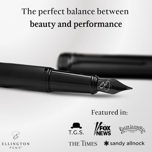 Ellington Pens Luxury Fountain Pen Set - Fountain Pen For Writing - Smooth Medium Nib - Includes Refillable Ink Converter, 3 Ink Cartridges, Gift Box - Calligraphy, Journaling, Sketching (The Stealth)