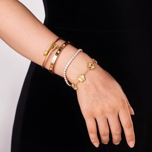 18K Gold Plated Bangle Bracelet Set for Women Stackable Lucky Floral Adjustable Tennis Bracelet Non Tarnish Gift Jewelry for Christmas Valentines Birthday Mother's Day B0FH8ZYLJL
