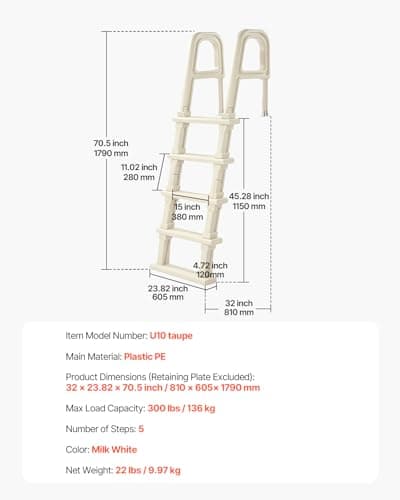 VEVOR Swimming Pool Ladder, 75°Inclined 5-Step Double Handrails Stair, Non-Slip Heavy Duty Steps, Load Capacity 300 lb, for 48-54 in Inground & Above-Ground Pools of Any Deck Surface Indoor & Outdoor