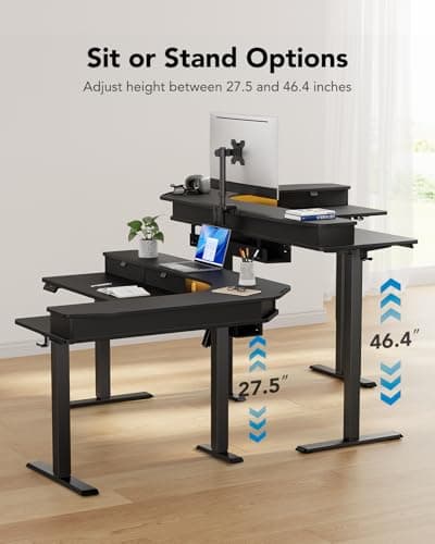 HUANUO 65″ L-Shaped Standing Desk with Power Outlets & LED Strip, Electric Height Adjustable Corner Computer Desk, Sit Stand Up Desk with 3 Drawers, Black
