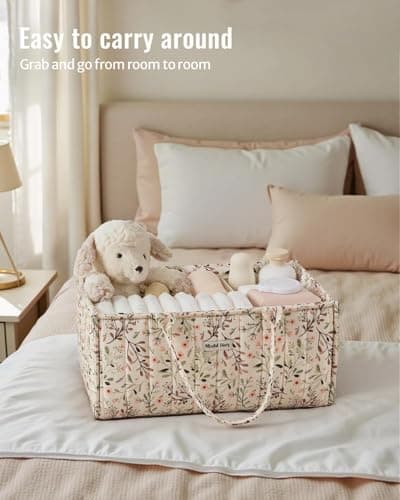 Portable Storage Basket with Removable Dividers, Gift for Baby Shower, Newborn Boy & Girl Essentials, Baby Registry Must Have Blissful Diary Floral Diaper Caddy Organizer Storage Basket, Pastoral Daisy B0DGXCCBR5