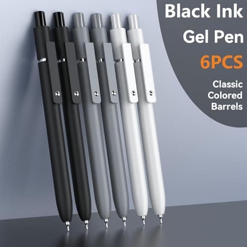 Gel Pens, 6 Pcs 0.5mm Fine Point Black Ink Pen With Smooth Writing, Office Desk Accessories, School Supplies Gifts for Men Women, Quick Dry Pens Ballpoint For Journaling, Black/Gray/White