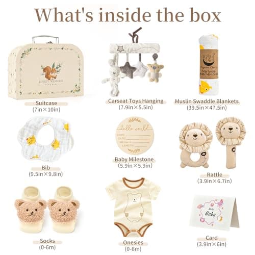 Golray 9pcs Newborn Baby Gift Baskets for Boys Girls Baby Shower, 2 Rattle/Seat Hang Toy/Blanket/Bodysuit/Bib/ 3D Socks/Wood Milestone/Carry Box, Neutral New Born Essential Stuff Unisex Baby Gifts Boy B0DL9ZDMC1