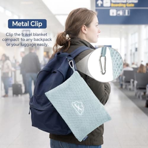 Ultra-soft Airplane Blanket, Luggage Sleeve & Backpack Clip, Travel Essentials for Women, Foldable as Pillow for Long Flight BEDELITE Travel Blanket with Bag, Jacquard Fleece Blanket 65"x40", Blue B0CNJS15T4