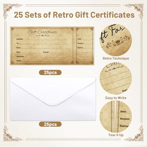 Fancy Land Gift Certificates for Business Christmas Blank Gift Card Certificate with Envelopes for Spa Salon Restaurant Custom Vouchers Supplies 25Pcs