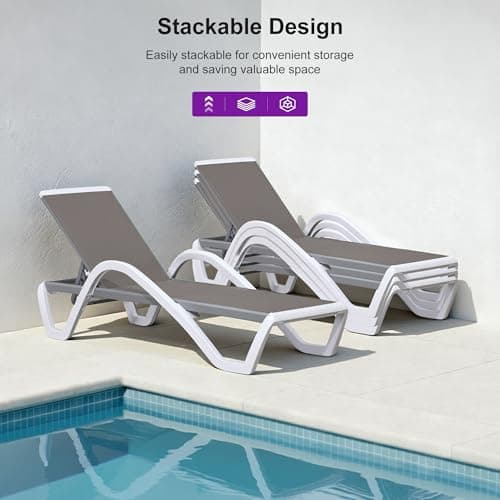 PURPLE LEAF Patio Chaise Lounge Chair Set of 3 Outside Aluminum Plastic Stackable Tanning Chairs with Armrests and Side Table for Pool Sunbathing Beach Deck Outdoor Lounger, Taupe