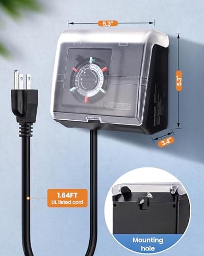 SURAIELEC Mechanical Pool Timer for Above Ground Pools, NEMA 5-15R Plug-in 24-Hour Timer with Dual Outlets, 15A 125V 1HP, Up to 3 Daily Settings, Weatherproof Cover for Pool Pumps, Outdoor Lighting