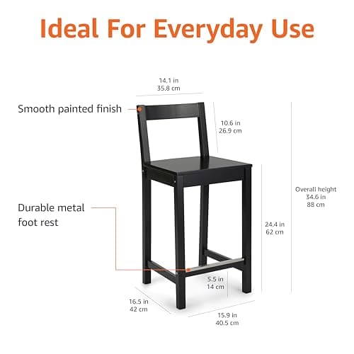 Amazon Basics Wooden Counter Height Bar Stool with Backrest for Kitchen Island, 24", Black, Set of 2
