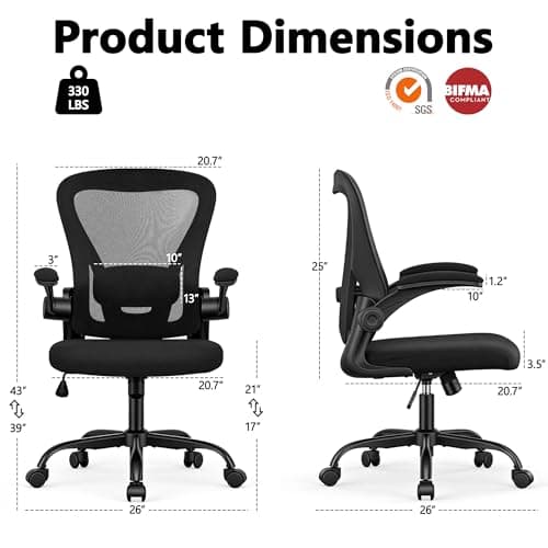 Office Chair, Ergonomic Office Chair with Back Support, Comfy Home Office Desk Chairs with Lumbar Support & Flip-up Armrests, 330LBS Mesh Computer Executive Task Chair for Home Office, Black